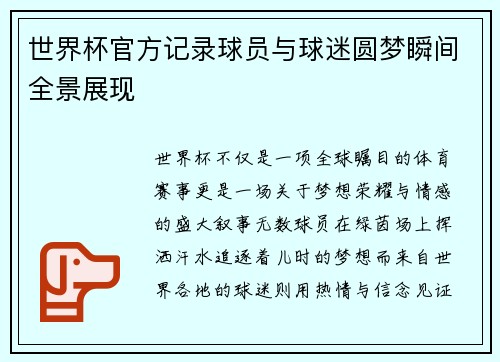 世界杯官方记录球员与球迷圆梦瞬间全景展现